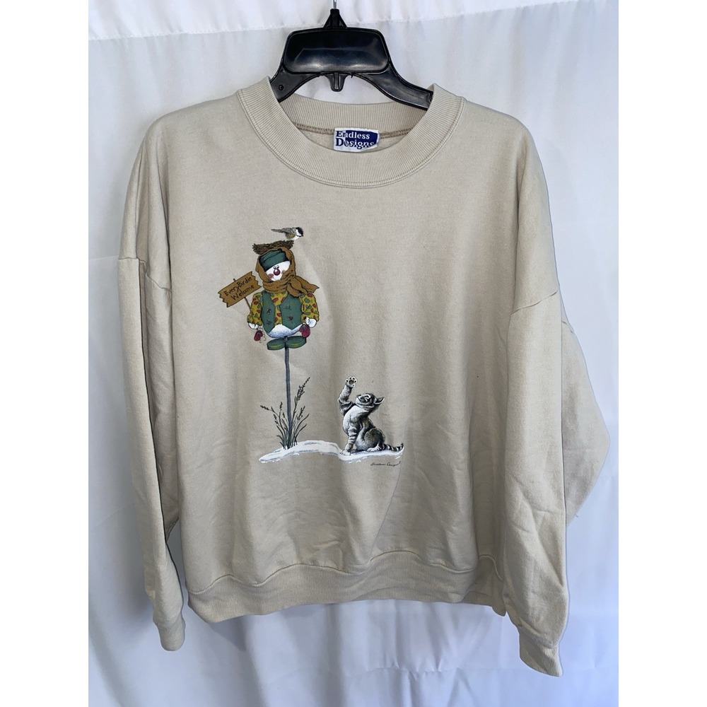 Vintage‎ Snowman Snow Cat Bird Winter Endless Designs Sweatshirt Womens XL 90s